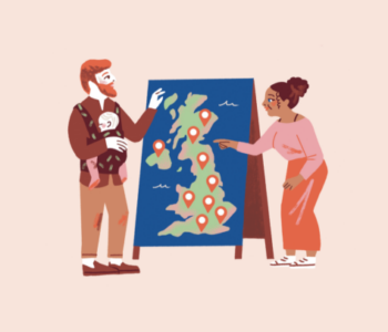 Two people look at a map of the UK with dots showing where events are.
